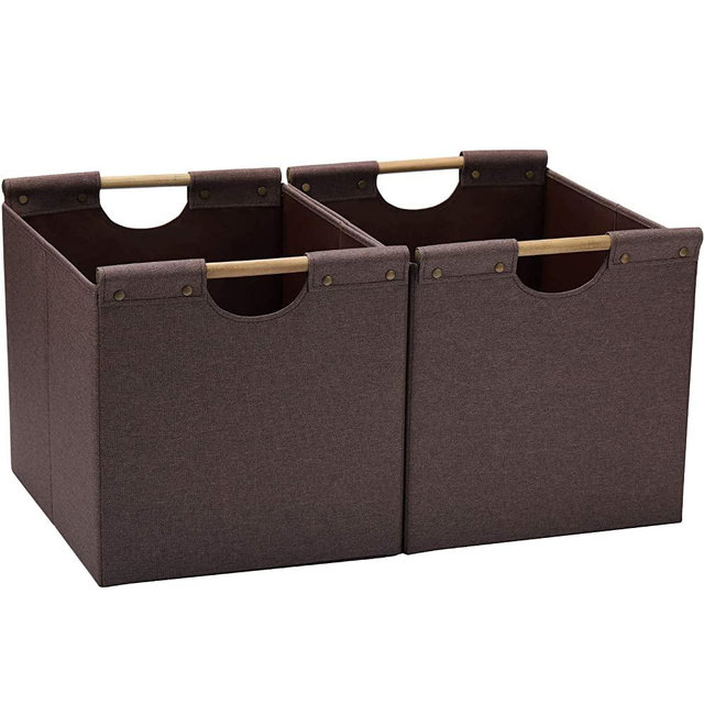 HOONEX Large Collapsible Storage Bins, Linen Fabric, 2 Pack, Storage Baskets with Wooden Carry Handles and Sturdy Heavy Cardboard, for Home, Office, Car, Nursery, Brown