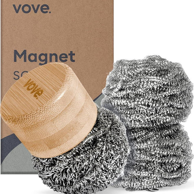Vove Magnetic Scourer, Stainless Steel Scrubber with FSC-Certified Bamboo Handle, 3 Replacement Pads, Neodymium Magnet, for Cast Iron, Pots & Pans, Griddles, Grills, Plastic-Free Eco-Friendly Cleaner