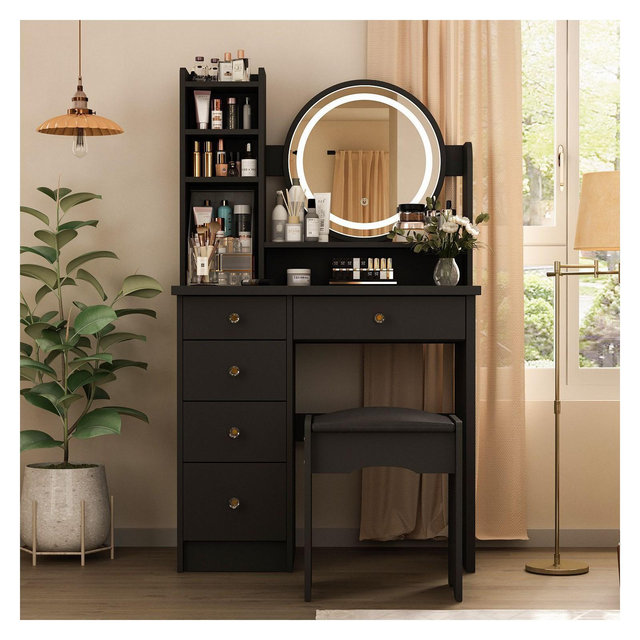 Famapy Makeup Vanity Table Set with Stool and Mirror LED Light Dressr Dressing Black