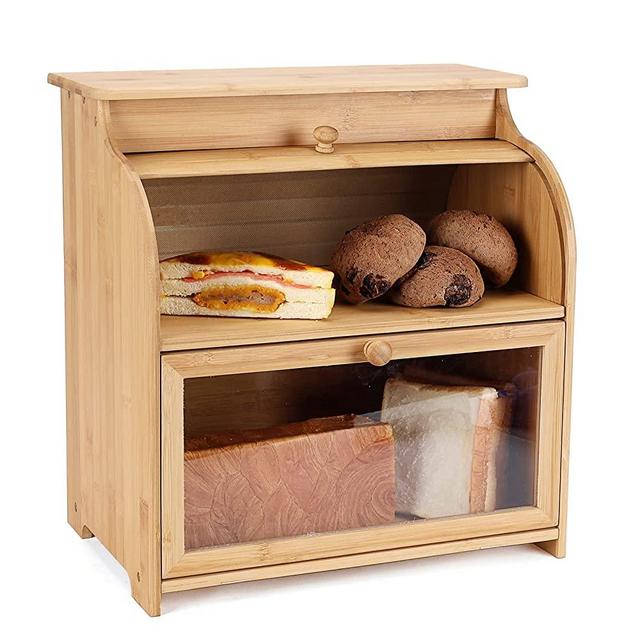 Wiruga Double Layer Large Bamboo Bread Box for Kitchen Countertop, Farmhouse Style Bread Bin with Clear Windows and Smooth Sliding Door Roll Top,14.9Long x 9.8Wide x 15.7High Inches. (Self-Assembly) (MBH-Double Layer)