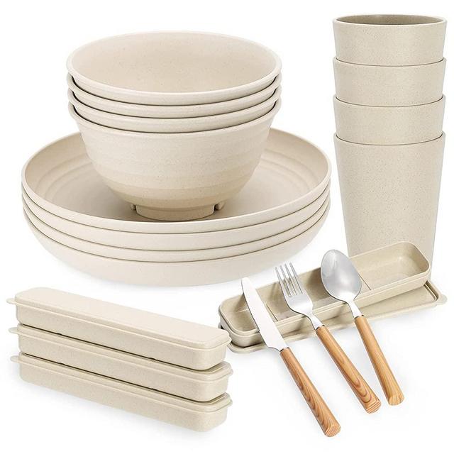 28PCS Wheat Straw Dinnerware Sets Stainless Steel Cutlery Adult Set / 4 Large Plates, Bowls, Cups (16oz), 4 Stainless Steel Cutlery Sets / Reusable Reusable, Microwave & Dishwasher Safe