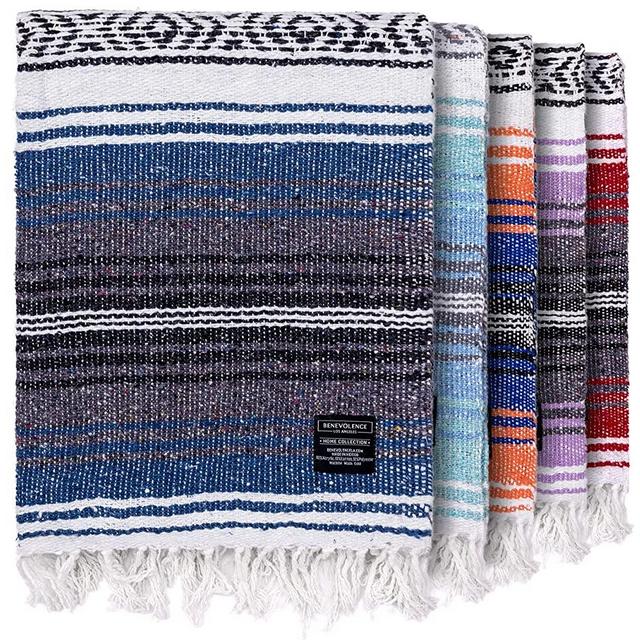 Benevolence LA Authentic Mexican Blanket, Yoga Blanket, Mexican Blankets and Throws, Handwoven Large Mexican Blankets, Serape Blanket, Picnic Blanket, Outdoor Blanket, Blue Haze, 50x70 inches