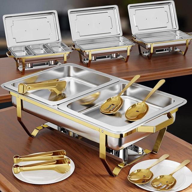 Chafing Dishes for Buffet 4 Pack (7 Gold Utensils) - 9QT Rolled Edge Stainless Steel Chafing Dish Buffet Set - Food Warmers for Parties Buffet - Buffet Servers and Warmers - Catering Supplies (7 Pans)