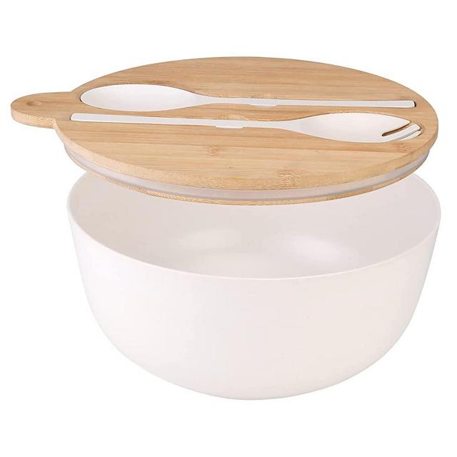 Large Salad Bowl with Lid, ShineMe 9.8inches White Salad Serving Bowl Set with Utensils, Bamboo Wooden Salad Bowl with Multifunctional Lid with Handle and Silicone Seal Ring