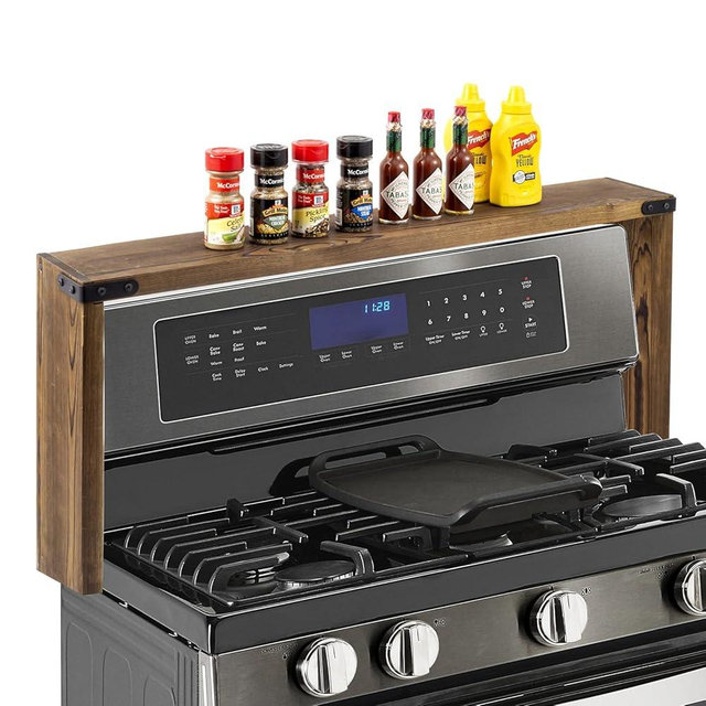 MyGift 34 Inch Over The Stove Spice Rack Deluxe Rustic Burnt Brown Solid Wood Display Shelf with Industrial Black Metal Corner Bracket Decoration Accents