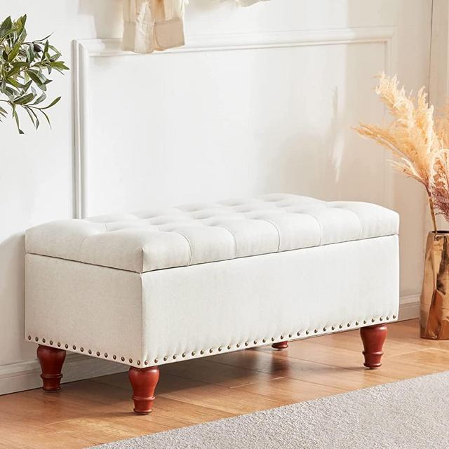 Tbfit 35 Inches Small Storage Ottoman with Upholstered ,Button-Tufted Ottoman with Safety Hinge ,Solid Wood Legs Ottoman Bench for Living Room,Bedroom,entryway (Beige)