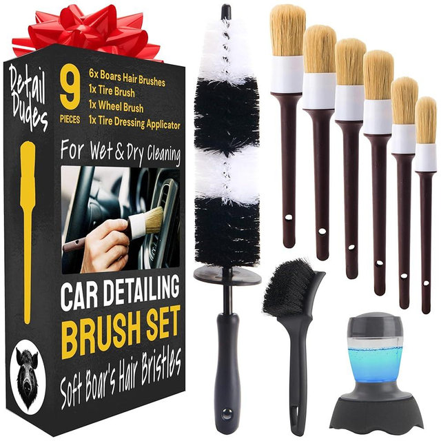 Detail Dudes Car Detailing 9pcs Set - 6 Ultra Soft Boar Hair Brushes for Interior & Exterior Cleaning - Complete Kit Wheel & Rim Brush, Rinse Cup for Dashboard and Tire Brus