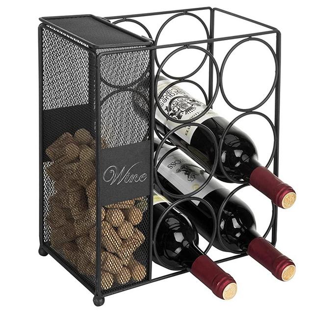 MyGift 6-Bottle Black Wire Wine Rack with Mesh Cork Basket & Chalkboard Labels