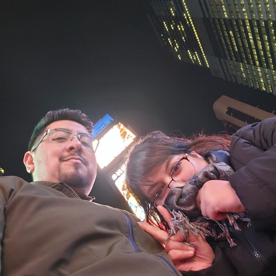 Alex's first time in New York and he really liked this photo of us.