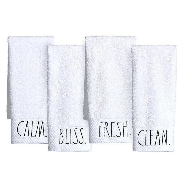 Rae Dunn Hand Towels, Embroidered Decorative Hand Towel for Kitchen and Bathroom, 100% Cotton, Highly Absorbent, 4Pack, 16x28, Embroidered Fresh/Clean/Calm/Bliss