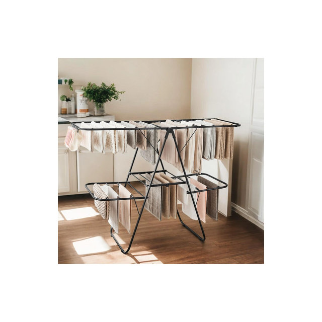 LEDREM Black Clothes Drying Rack, Foldable 2 - Level, Standing Large Drying Rack with Height - Adjustable Wings, 33 Drying Rails, and Sock Clips