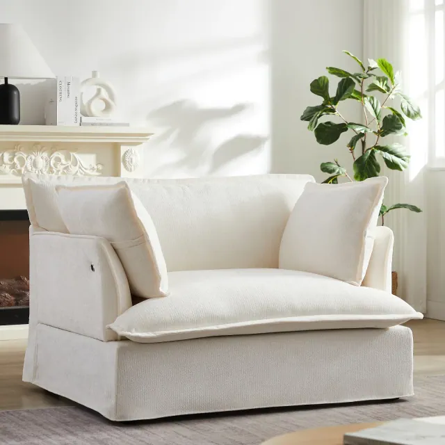 Modern Oversized Chenille Accent Chair Armchair, Single Sofa with Charging Ports & Throw Pillows, White - ModernLuxe