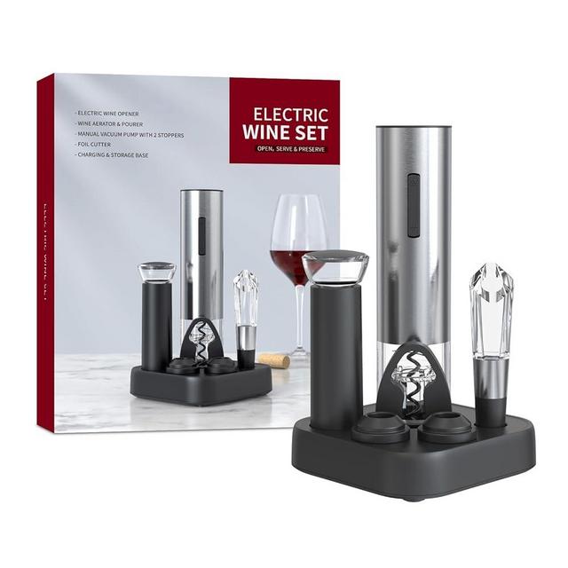 Electric Wine Opener Set with Charging Base, Automatic Wine Bottle Opener with Led Light, Durable Corkscrew with Wine Aerator & Preserver Vacuum Pump with 2 Stoppers, Foil Cutter for Wine Enthusiast