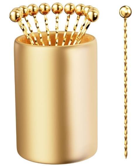 12Pack Metal Cocktail Picks + Holder Kit, Premium 304 Stainless Steel Cocktail Toothpicks,Reusable Skewers,Garnish Picks, Martini Picks for Olives Appetizers Fruit (12 Threads Golden)