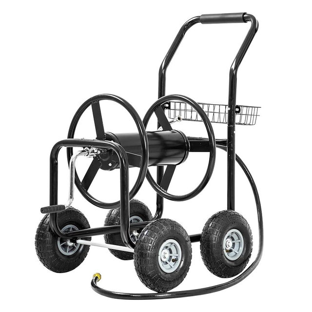Hose Reel Hold Up To 300 Ft Heavy Duty Garden Hose Reel Sturdy Water Hose Reel Cart with 4 Wheels Storage Basket for Garden Lawn Yard Outdoor (Black)