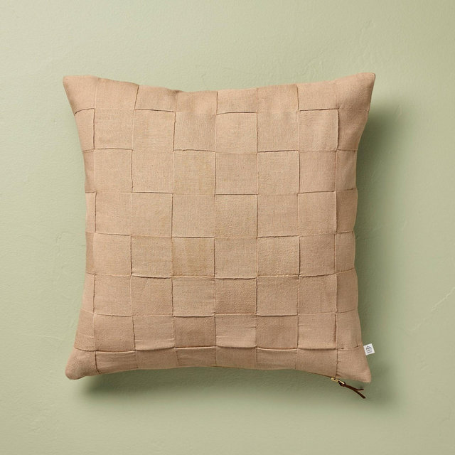 18"x18" Basket Weave Square Throw Pillow Tan - Hearth & Hand™ with Magnolia