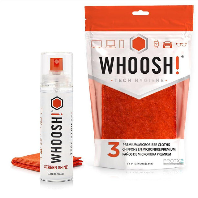 WHOOSH! Screen Cleaner Spray & Microfiber Cloths Bundle | 3.4 fl oz + 1 Microfiber Cloths (6x6) + 3 Microfiber Cloths (14x14)