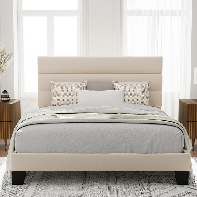 Allewie Queen Size Platform Bed Frame with Velvet Upholstered Headboard and Wooden Slats Support, Fully Upholstered Mattress Foundation/No Box Spring Needed/Easy Assembly, Cream