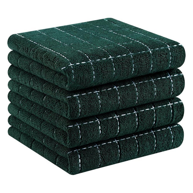Homaxy 100% Cotton Terry Kitchen Towels(Blackish Green, 13 x 28 inches), Checkered Designed, Soft and Super Absorbent Dish Towels, 4 Pack