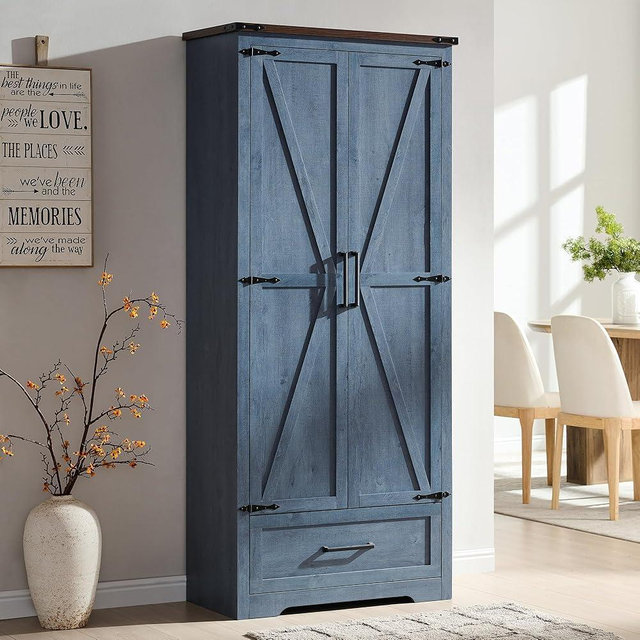 JXQTLINGMU Farmhouse Kitchen Pantry Cabinet - 72" Tall Wood Kitchen Storage Cabinets with Adjustable Shelves & 2 Barn Doors & Drawer, Versatile Storage for Dining Room, Bathroom, Rustic Blue
