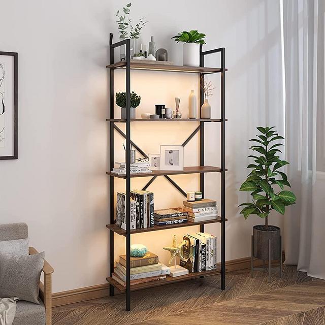 Vlsrka 5 Tier Bookshelf with 3 LED Lights, Industrial Bookshelf Tall Bookshelf Vintage Etagere Bookshelf Modern Bookcases Storage Organizer Open Display Shelves for Living Room Bedroom Home Kitchen