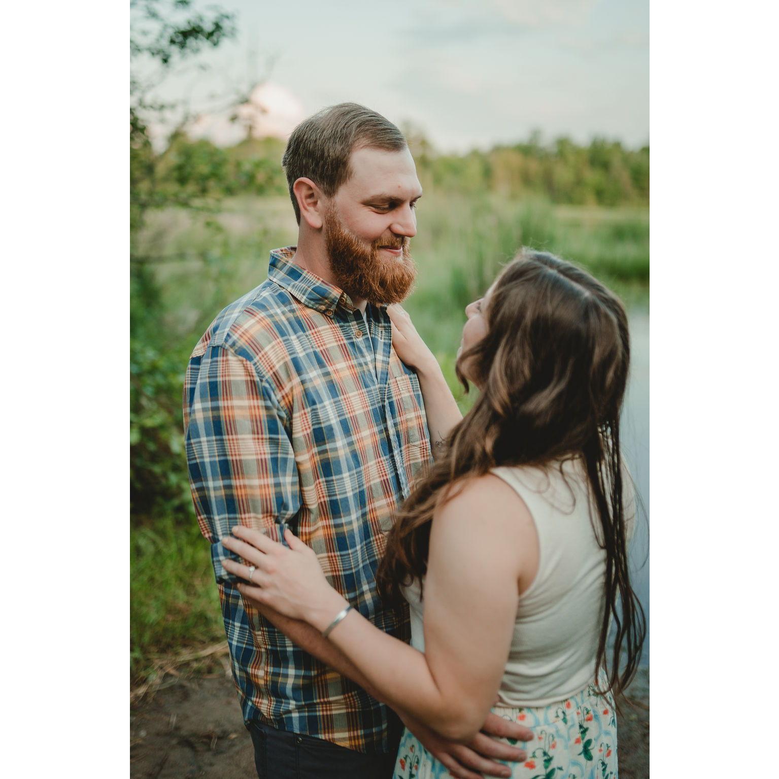 Engagement photos taken on the White Cedar Segment of the Ice Age Trail at the Rice Lake Preserve in June 2025 by the fabulous Sara Griena: AnaFinn Photography, www.anafinnphotography.com