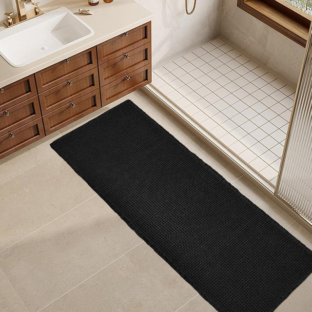 ZALL Waffle Bath Mat Black Super Absorbent Non Slip Bathroom Rug Geometric 24X72inch,Machine Washable Ultra Soft Floor Mats