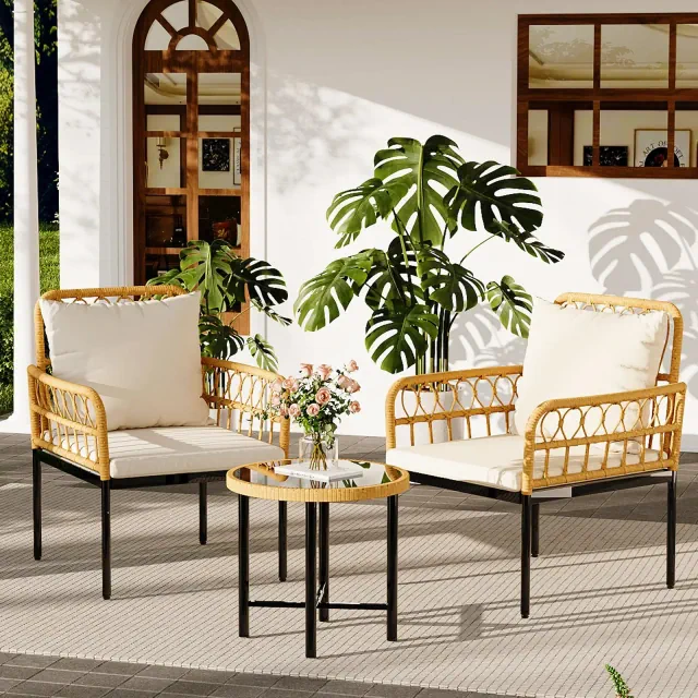 3 Pieces Outdoor Patio Furniture Set with Table, All-Weather Boho Wicker Rattan Patio Sectional Sofa, Metal Frame, Detachable Cushions,for Patio,Beige