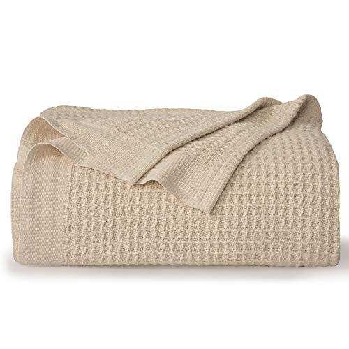 Bedsure 100% Cotton Thermal Blanket - 405GSM Soft Blanket in Waffle Weave for Home Decoration - Perfect for Layering Any Bed for All-Season - Queen Size (90 x 90 inches), Beige