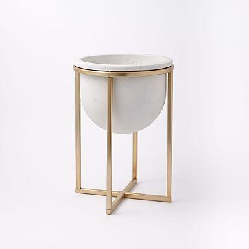 Cement + Metal Standing Planter, White, Medium