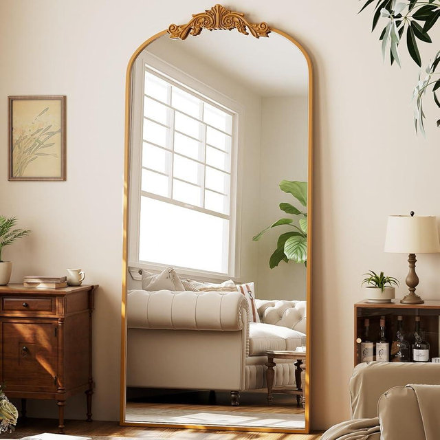 GLSLAND 71"x 32" Gold Vintage Arched Full Length Mirror - Large Carved Standing Floor Mirror with Metal Frame for Bedroom/Living Room/Entryway
