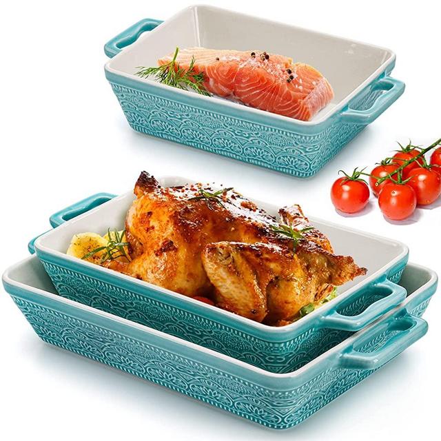 Hacaroa Set of 3 Ceramic Baking Dishes, Rectangular Bakeware with Handles, Elegant Casserole Dish Set Lasagna Pan for Baking, Cooking, Cake Dinner, Banquet, Lake Blue, 3 Sizes