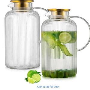 Glass Pitcher with Lid, 100 oz/ 3 Liter Classic Vertical Stripes Water Pitcher,Glass Water Carafe for Cold Brew, Coffee, Lemonade, Iced Sun Tea,Beverage, Milk, Heat Resistant