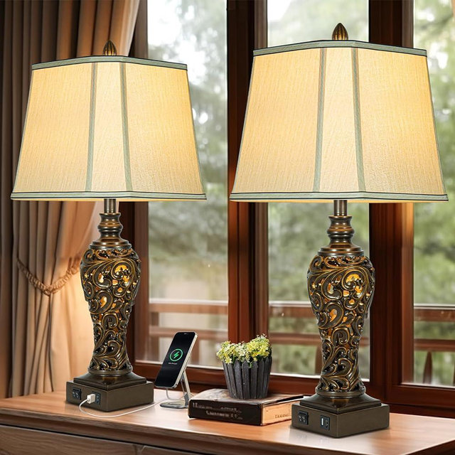 28.5" high Vintage Brown Table Lamps Set of 2 - Bedside Lamp with Faux Silk Shades - for Bedroom and Living Room with USB and Nightlight - Perfect for Nightstands and Bedrooms (Led Bulb Included)