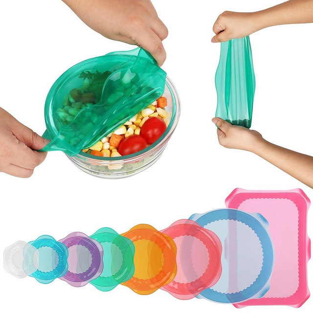 Silicone Stretch Lids for Food Storage in Fridge, Reusable Elastic Bowl Covers for Cup, Cans, Jars, Round & Rectangle Container, Food Grade Silicone Microwave Food Cover, Heat-Resistant, 8PCS