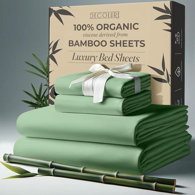 DECOLURE 100% Organic Viscose Derived from Bamboo Sheets King Size 4pcs - Ultra Soft & Luxuriously Cooling, 17" Deep Pocket, Double Stitching, Perfect for Hot Sleepers - King Bed Sheets (Sage Green)