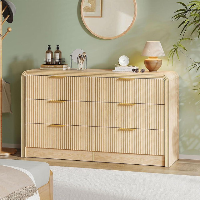 Decofy Fluted 6 Drawers Dresser for Bedroom,55'' Wide Wood Dressers with Gold Handles, Modern Dressers with Wave Texture, Large Storage Chest of Drawers, Bedroom Dresser Organizer (Natural Oak)