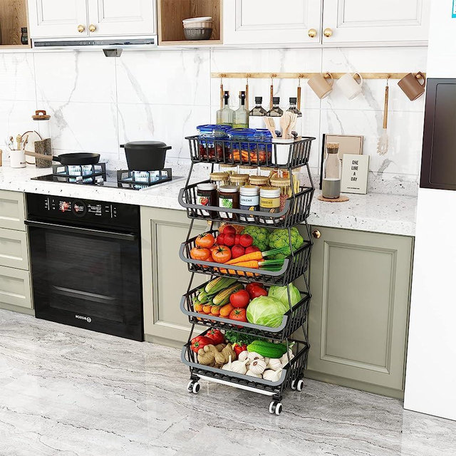 Wisdom Star 5 Tier, Kitchen Fruit Vegetable Storage Cart, Vegetable Basket Bins for Onions and Potatoes, Wire Storage Organizer Utility Cart with Wheels, Black