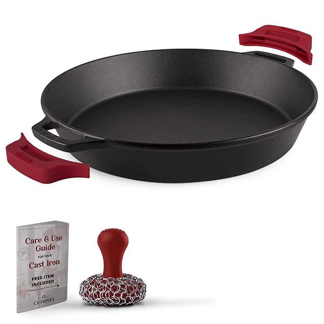 Cast Iron Skillet + Glass Lid + Chainmail Scrubber - 15"-Inch Dual Handle Braiser Frying Pan + Silicone Handle Covers - Pre-Seasoned Oven, Grill, Stovetop, Fire, Induction Cookware - Indoor/Outdoor