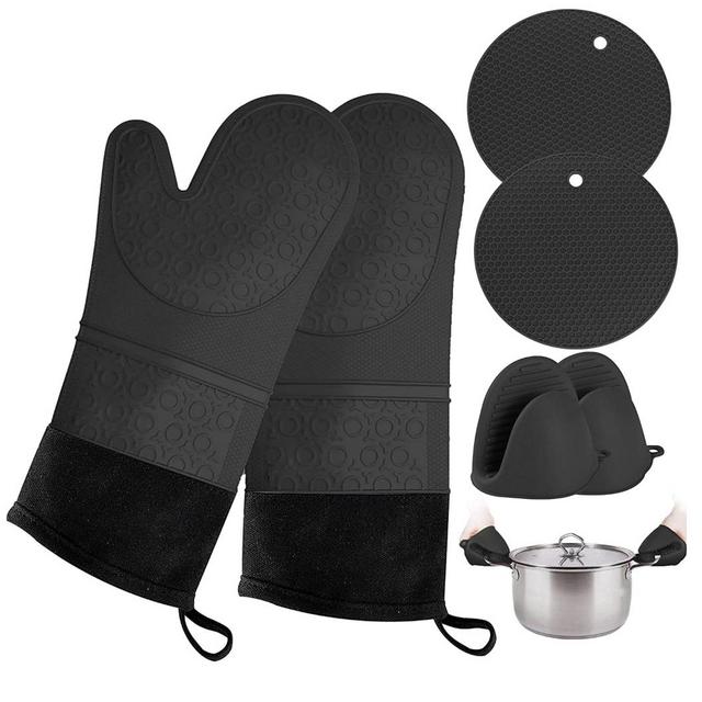Oven Mitts and Pot Holder- Extra Long Silicone Oven Mitt Heat Resistant with 2 trivets & Mini Pinch Oven Mitts-Food Safe Baking Gloves for Cooking in Kitchen with Soft Inner Lining