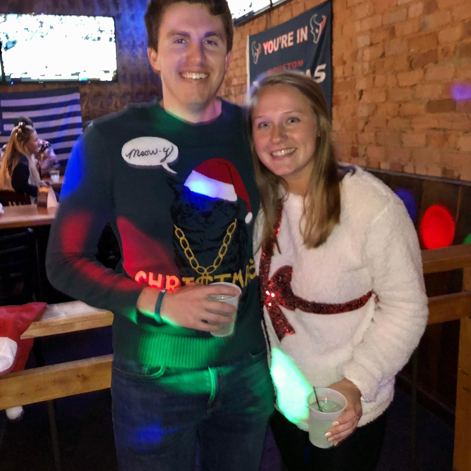 Kristi & Cole at the Greenville, SC “Ugly Christmas Sweater Bar Crawl” in 2019