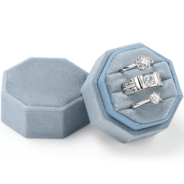 WantGor Velvet Ring Box, 3 Slots Jewelry Ring Gift Box Vintage Ring Display Holder Case for Wedding Ceremony Proposal Engagement (Ocean Blue)
