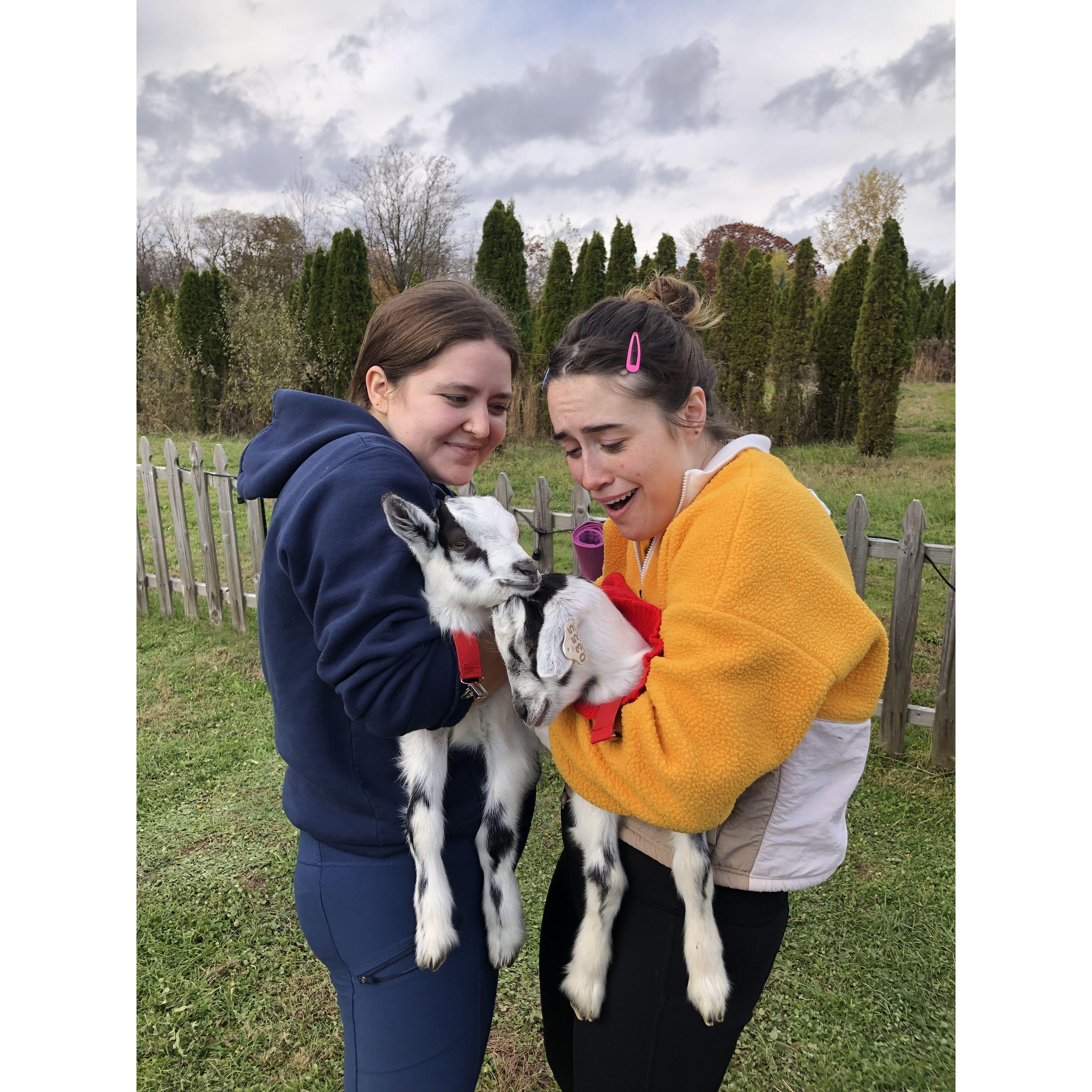 November 13, 2021 -
Sophie surprised Anna with baby goat yoga for her birthday! Anna loves animals but Sophie is not so keen on them!