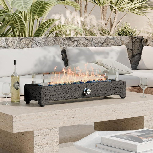 COSIEST 28-Inch Tabletop Fire Pit, CSA Certified Stainless Steel Small Table Fireplace with Rectangular Magnesium Oxide Base, 40,000 BTU Burner, Glass Rocks, Glass Windshield for Patio, Parties, Gray