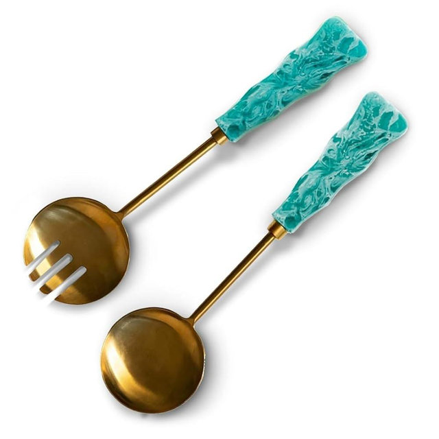 Folkulture Salad Servers or Salad Hands | (12 X 3") Aqua Teal Metal with Resin Salad Tongs for Serving or Serving Spoons | Tongs for Serving Pasta or Fruit or Salads | Stainless Steel Salad Forks