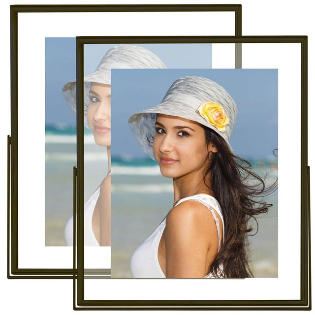 CROXXID 8x10 Floating Picture Frames Set of 2, Made of Metal and Double Real Glass, for Photo Size up to 10x12, Tabletop Display Home or Wedding Decoration (Vertical Black)