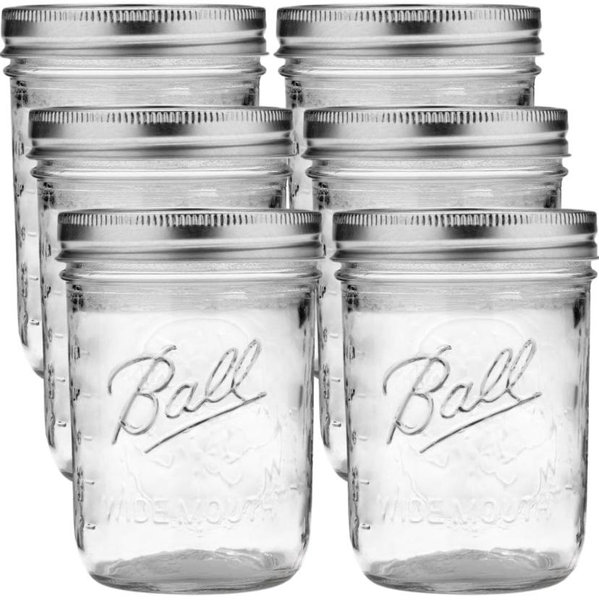 16 oz, Wide - Ball Wide Mouth Glass Mason Jars with Lids and Bands, Used for Canning, Pickling, Juice, Jam, Jelly, Pint Size 16 Ounce (Pack of 6)