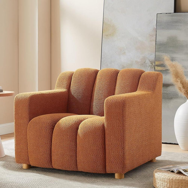 Elevyoliv Modern Oversized Living Room Chairs, 40" Wide Boucle Accent Chairs with Deep Seat and Wooden Legs, Comfy Reading Arm Chair for Bedroom, Apartment, Orange