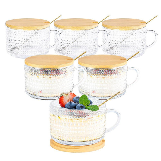 Icesip 14 oz Vintage Coffee Mugs Glass of 6 Hobnail Overnight Oats Glass Mug with Handle Bamboo Lids Spoon for Iced Coffee Latte Yogurt(Hobnail*6 with Spoon Hole Lid)