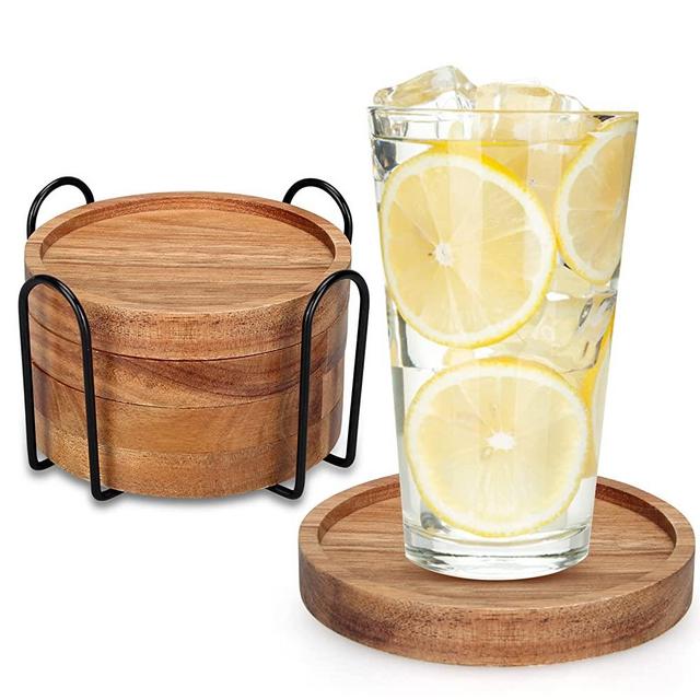 4 Pcs Best Wooden Coasters with Holder Cute Coasters Wood Drink Coaster Set Round Cool Coaster Cup Wine Coasters Pretty Beverage Table Coasters